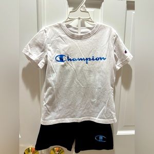 Little Boys size 5 Short Sleeve Champion Script Tee & Solid Shorts Set